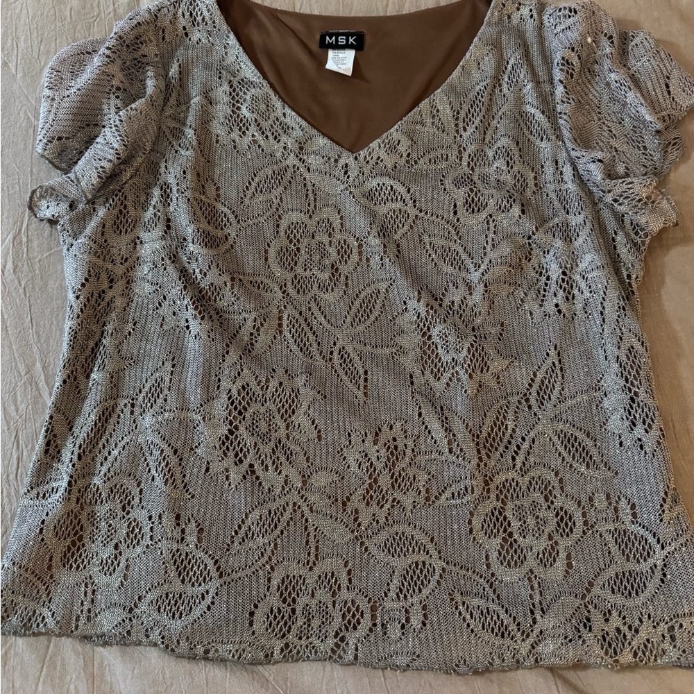 NWT MSK Women's Taupe Lace Blouse With Matching Ruffled Skirt - 2-Piece Set